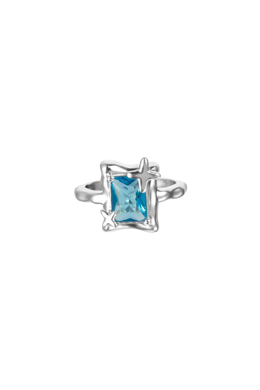 Blue Crystal Silver Ring Square Cut Design