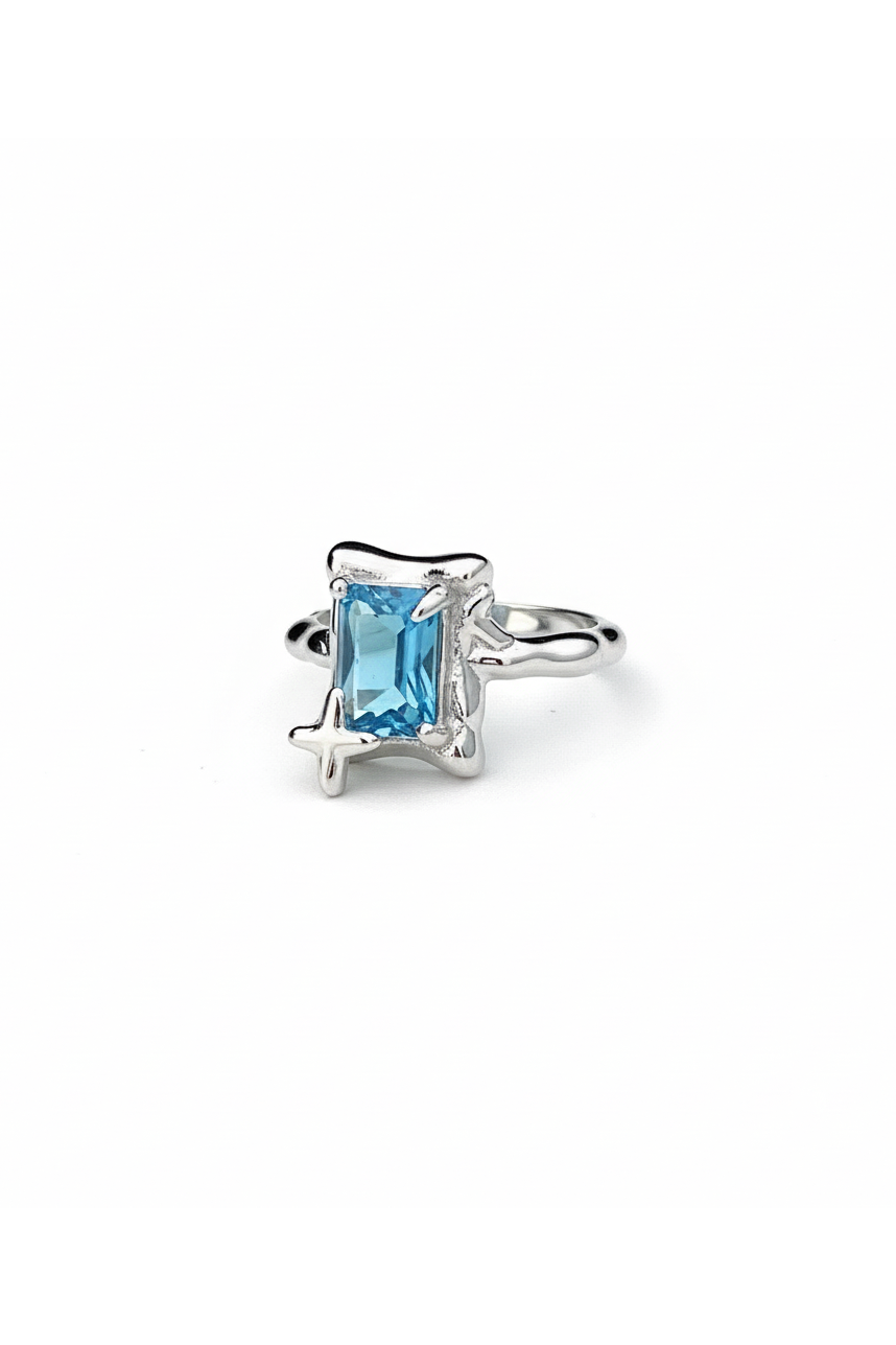Blue Crystal Silver Ring Square Cut Design
