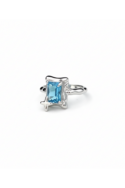 Blue Crystal Silver Ring Square Cut Design