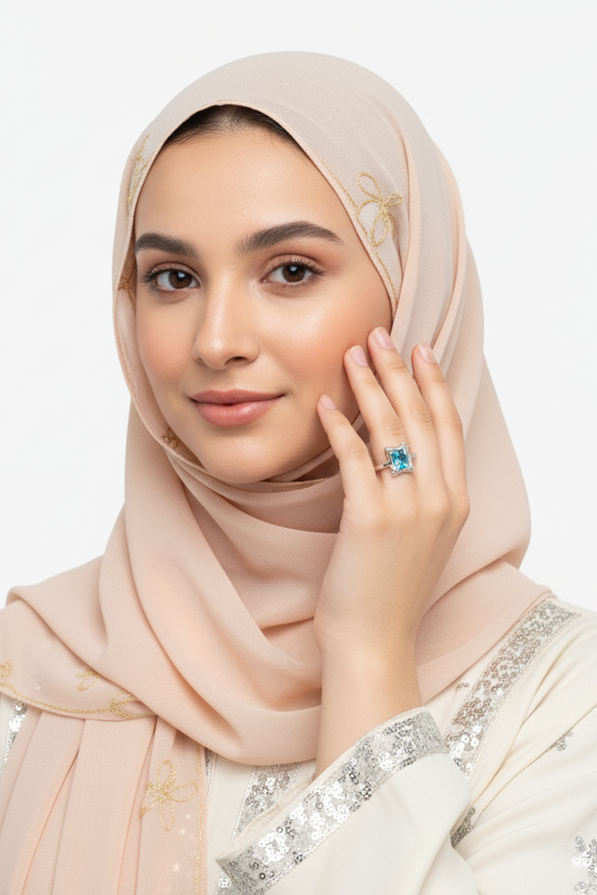 Blue Crystal Silver Ring Square Cut Design