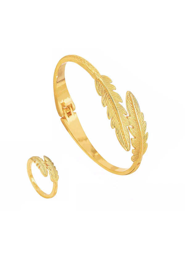 Golden Feather Open Cuff Bracelet & Ring Set