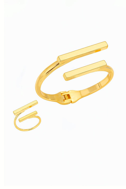Golden Linear Bar Open Cuff Bracelet & Ring Set