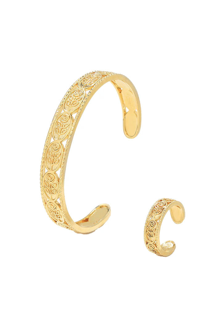 Golden Oval Vine Open Cuff Bracelet & Ring Set