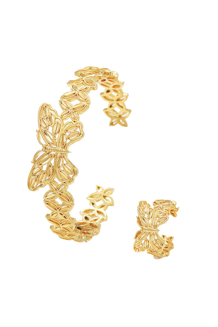 Golden Filigree Butterfly Open Cuff Bracelet & Ring Set