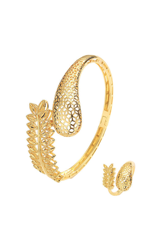 Golden Honeycomb-Leaf Open Cuff Bracelet & Ring Set