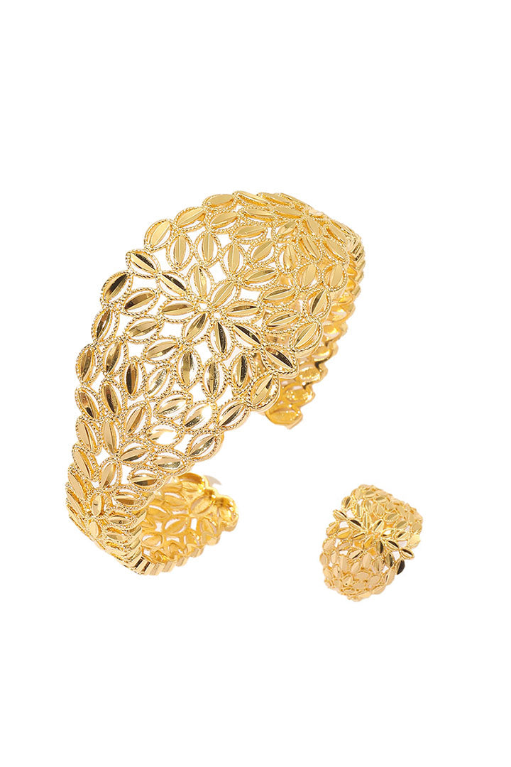 Golden Lace Leaf Wide Cuff Bracelet & Ring Set