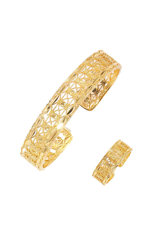 Golden Geometric Lattice Open Cuff Bracelet & Ring Set