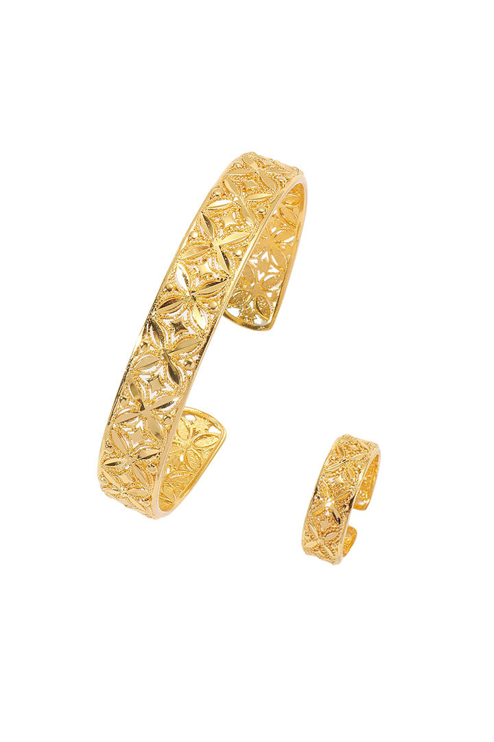 Golden Filigree Floral Cutout Bracelet & Ring Set