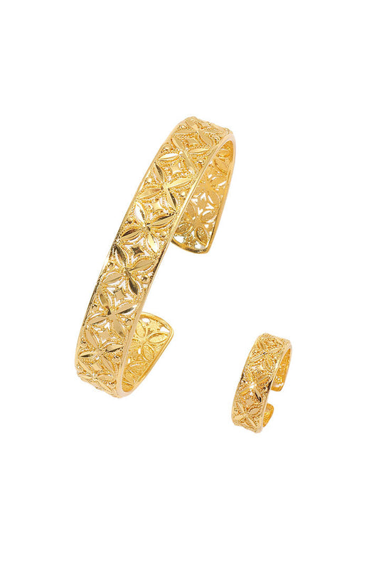 Golden Filigree Floral Cutout Bracelet & Ring Set