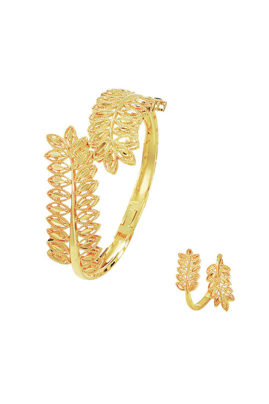 Golden Twin-Leaf Open Cuff Bracelet & Ring Set